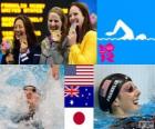Плавательный женщин-подиум 100 метров на спине, Мисси Франклин (Соединенные Штаты), Эмили Seebohm (Австралия) и Terakawa (Япония) - Лондон-2012 - ая